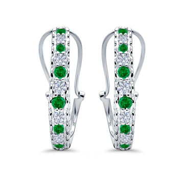 Half Eternity Huggie Hoop Earrings Round Simulated Green Emerald CZ 925 Sterling Silver (18mm)
